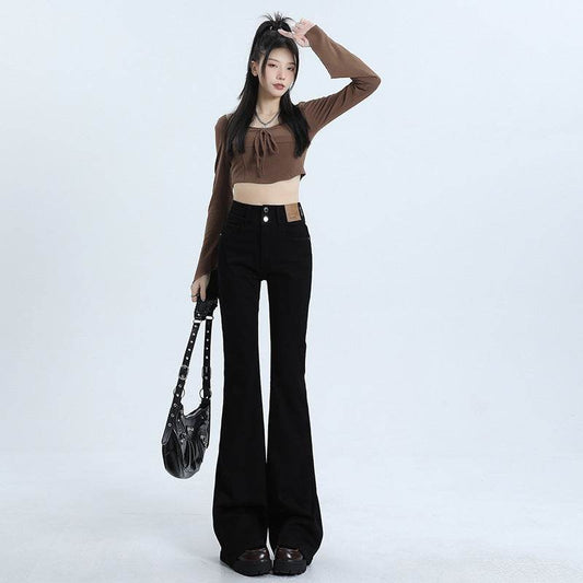 High Waist Slimming Hot Girl Double Buckle Slightly Flared Jeans Women - Mubimart