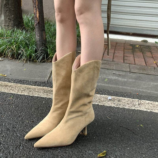 Pointed-toe Retro Western Cowboy Boot Slimming Suede Mid Boots - Mubimart