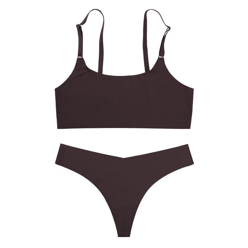 Women Seamless Bra Set Sexy Thong Low Waist Panties Wire Free Bra Bralette Lingerie Brassiere Ice Silk Female Underwear Set - Mubimart