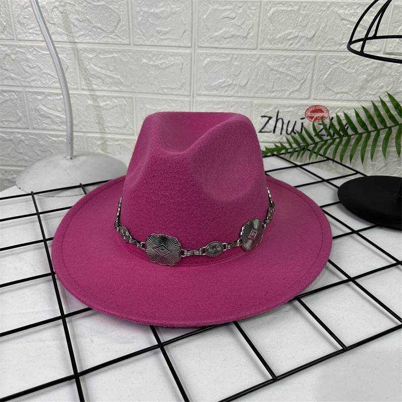 Hat Silver Square Chain Top Hat Wide Brim Flat Edge Woolen Fedora Hat - Mubimart