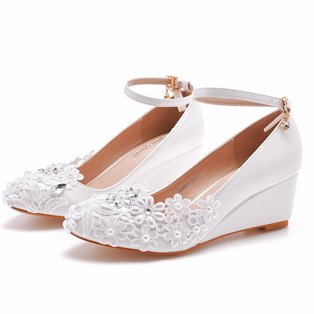 Round Toe Wedge Pumps Bridal Wedding White Shoes