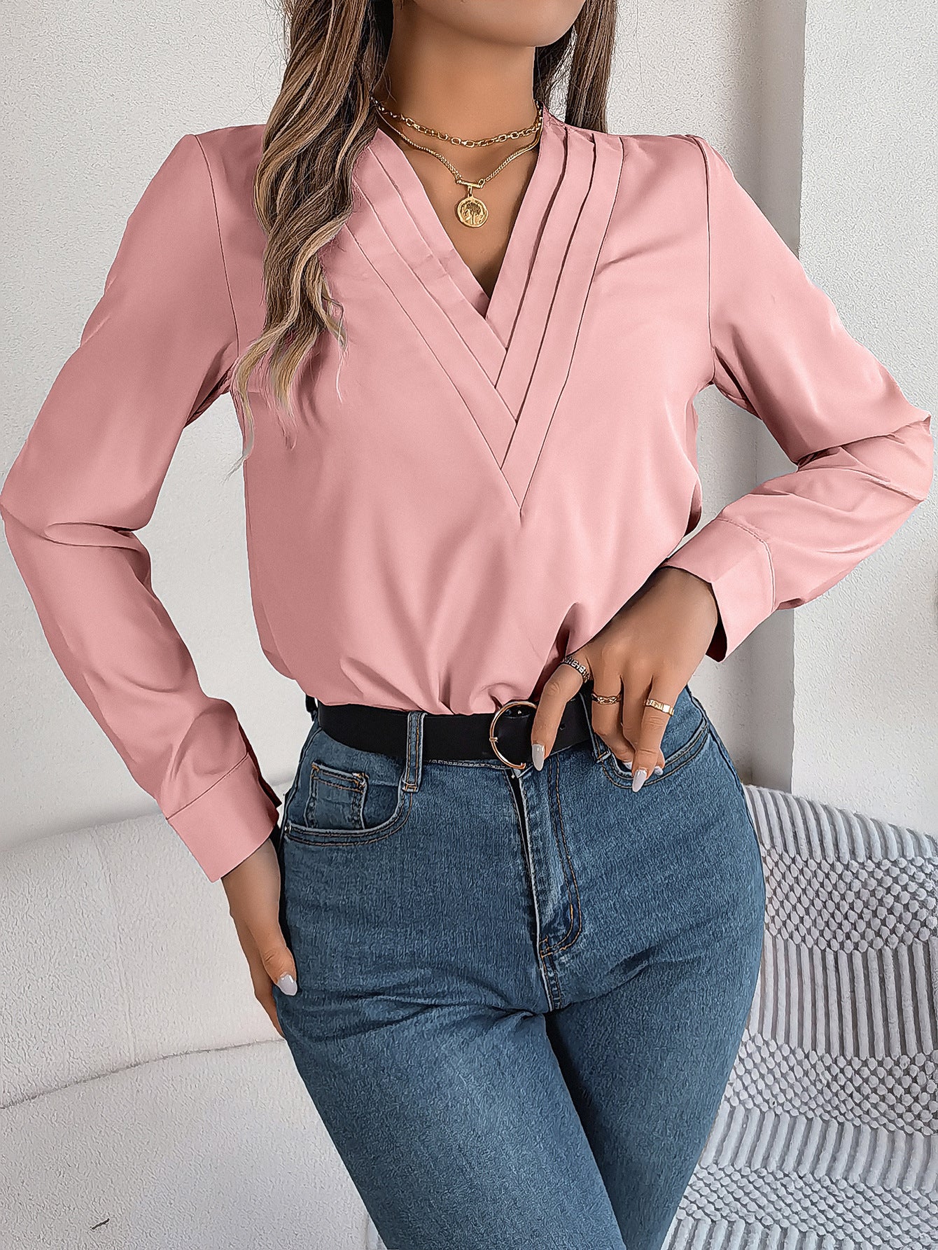 Fashion V-Neck Long Sleeve Shirt Elegant Commuter Solid Blouse Office Women's Clothing - Mubimart -  