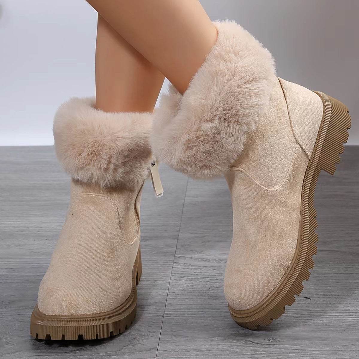 Warm Plush Boots Winter Fashion Side-Zipper Snow Boot For Women Outdoor Thickened Low-heelded Shoes - Mubimart