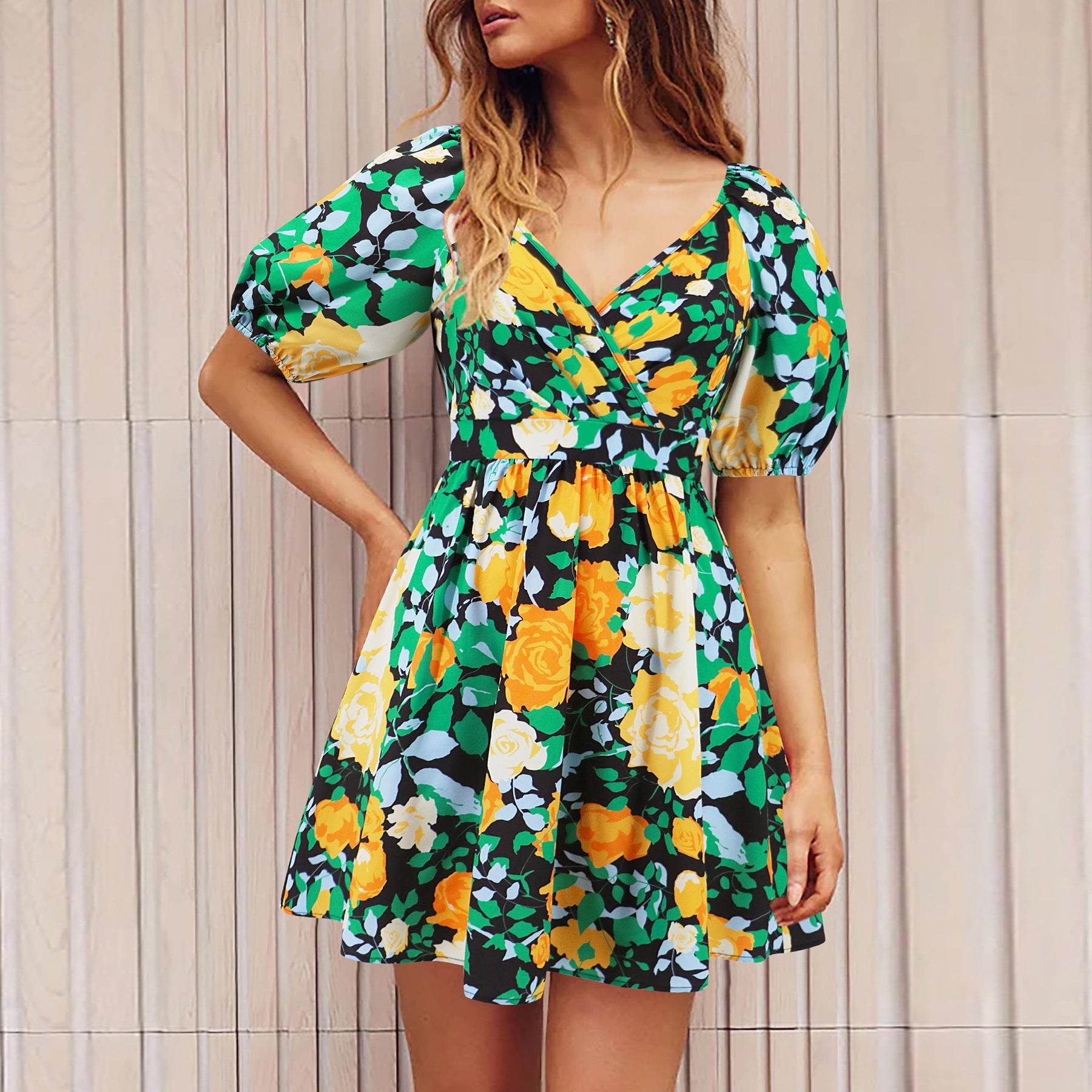 Flowers Print V-Neck Lantern-sleeve Dress Y2K Summer Vacation Beach Short Dresses Fashion Womens Clothing - Mubimart