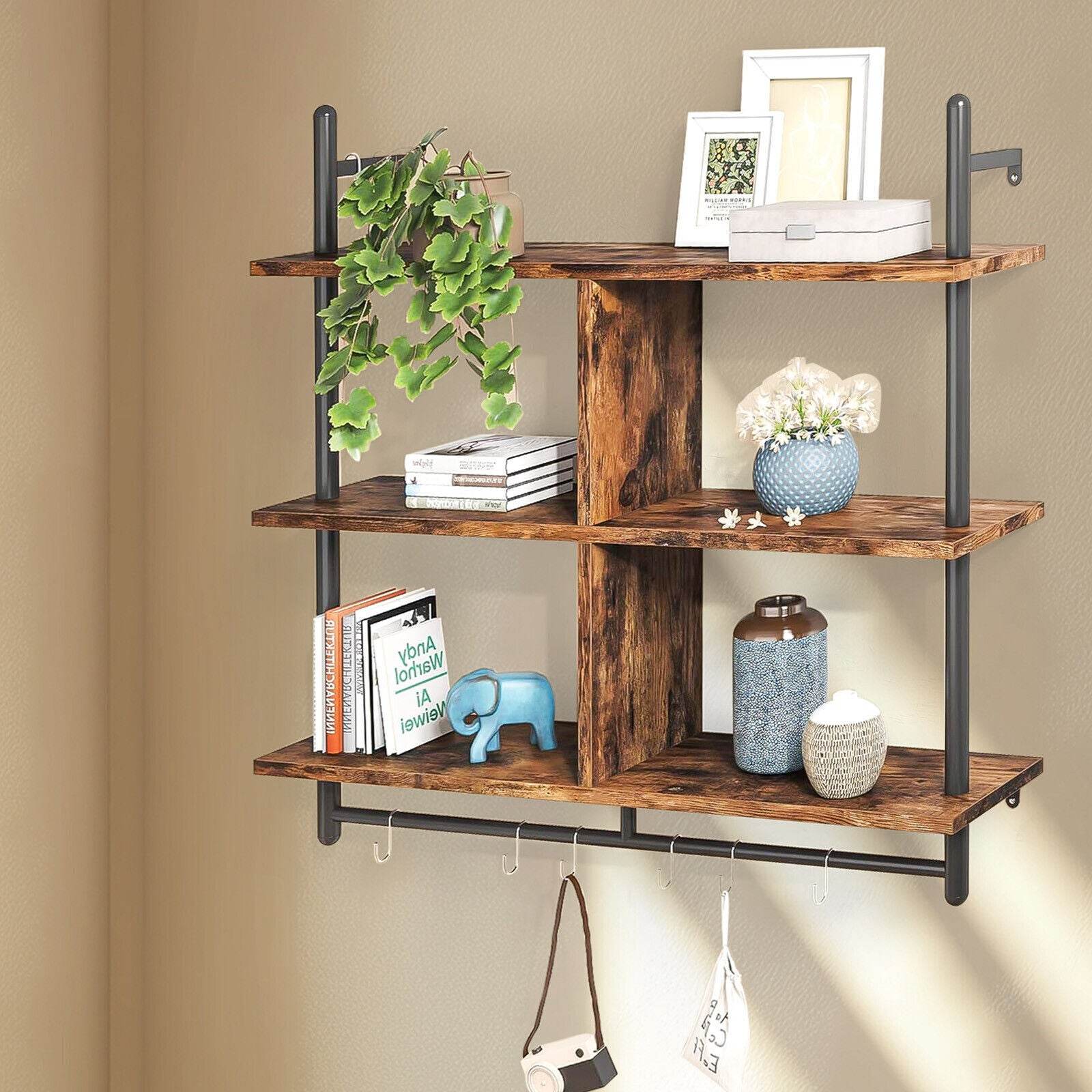 3 Tier Floating Shelves Metal Brackets Wall Mounted Shelf Over Toilet Bathroom - Mubimart