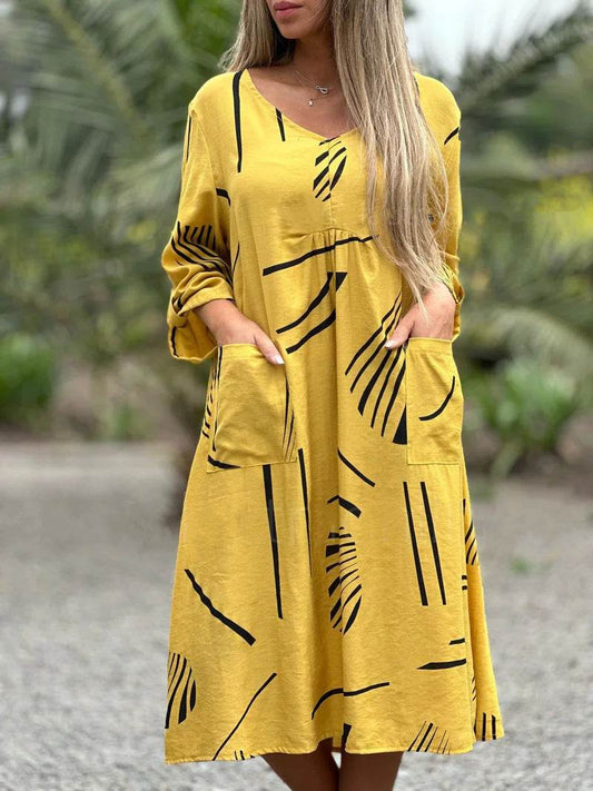 Fashion Printed V Neck Long Sleeve Dress Casual Loose Straight Dress Women's Clothing - Mubimart