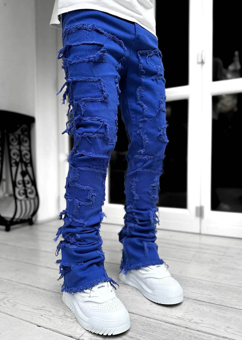 Men Trousers Individual Patched Pants Long Tight Fit Stacked Jeans For Mens Clothing - Mubimart