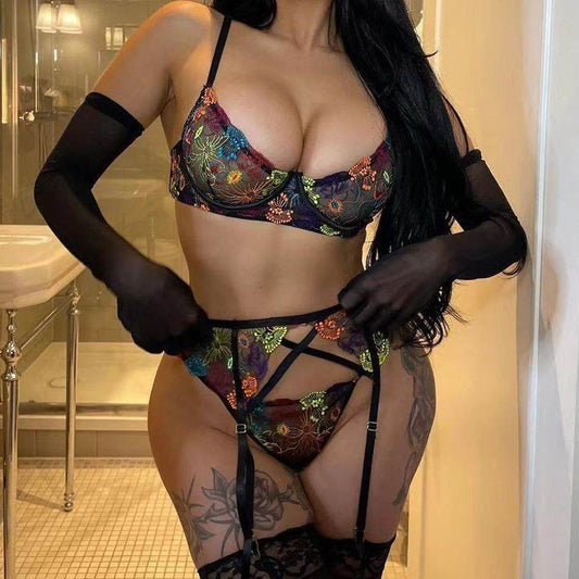 Sexy Garter Belt Embroidery Shaping Split Suit - Mubimart