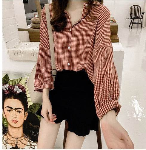 Blouses Shirts Women Loose Large Size M-4XL Plaid All-match - Mubimart