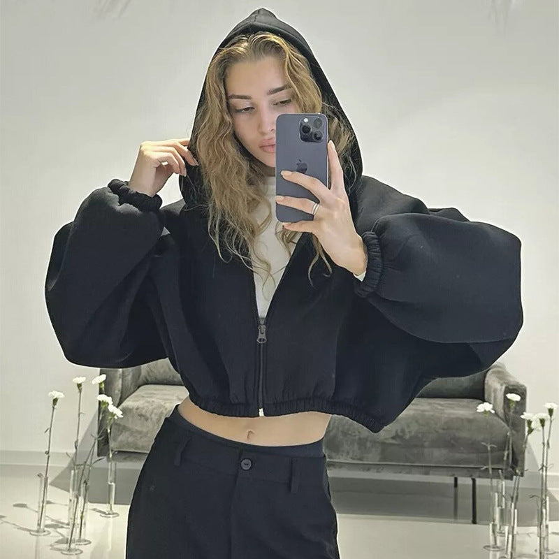 Casual Solid Color Hooded Short Jacket Y2K Fashion Sports Sweatshirt Long Sleeve Zipper Cardigan Hoodies Women's Clothing - Mubimart -  