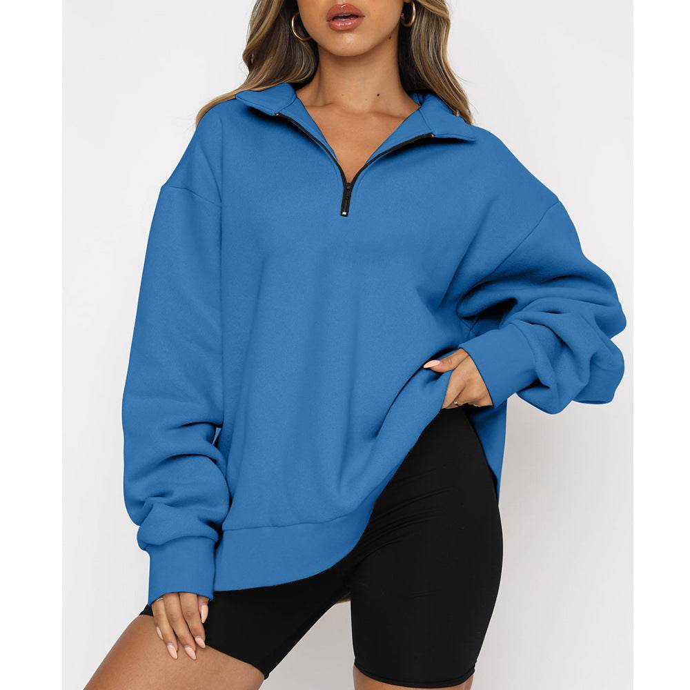Women Sweatshirts Zip Turndown Collar Loose Casual Tops Clothes - Mubimart
