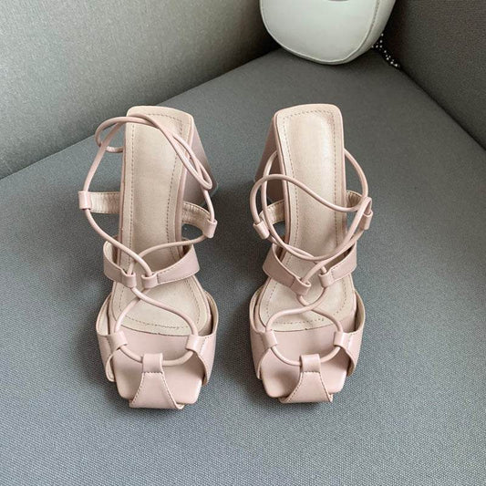 Square Toe Back Hollow Roman Lace Up High Heels - Mubimart
