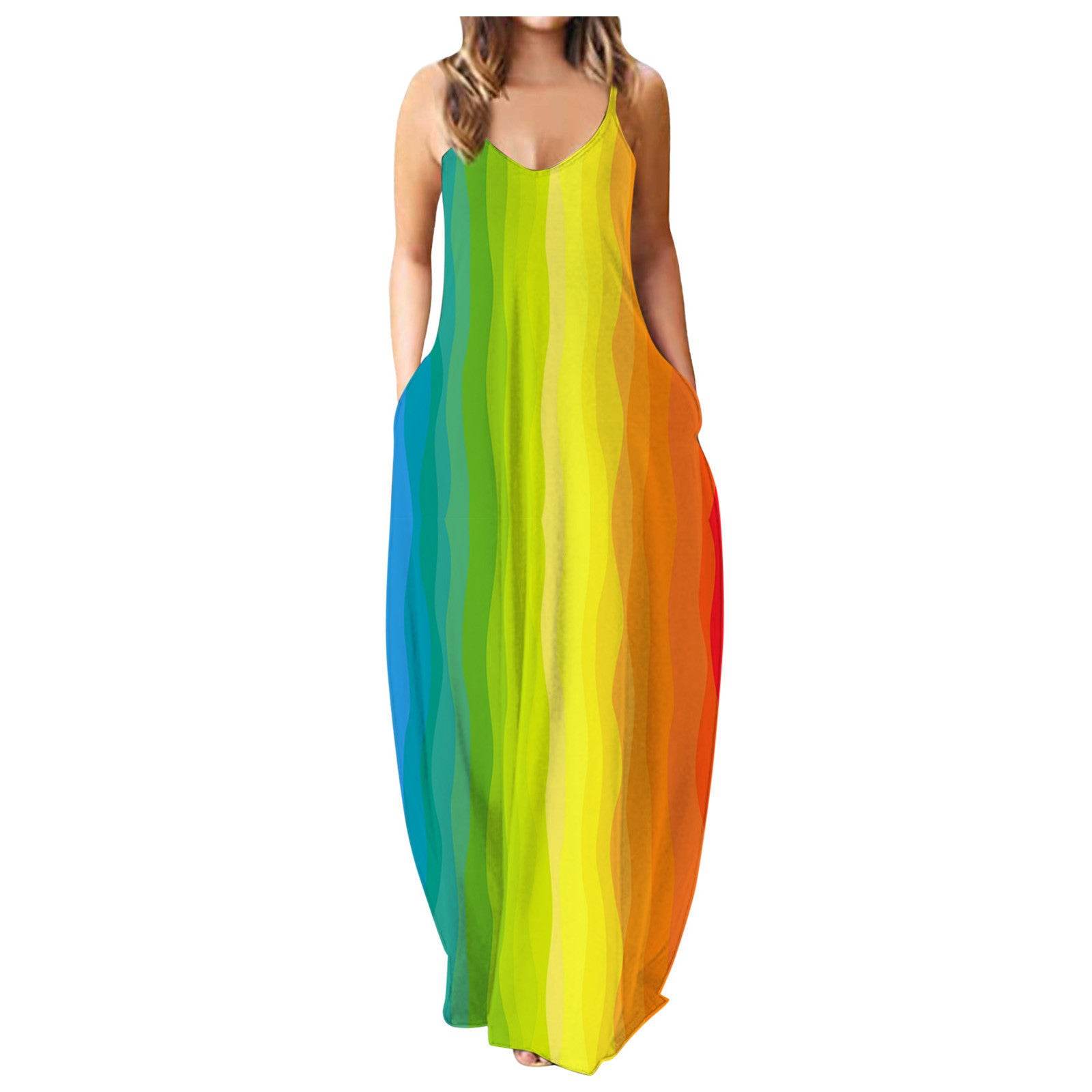 Casual Print Plus Size Sling Long Dress - Mubimart