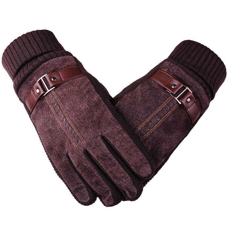 Mens Pigskin Gloves Winter Skiing Outdoor Riding Warmth Thickened Non Slip - Mubimart