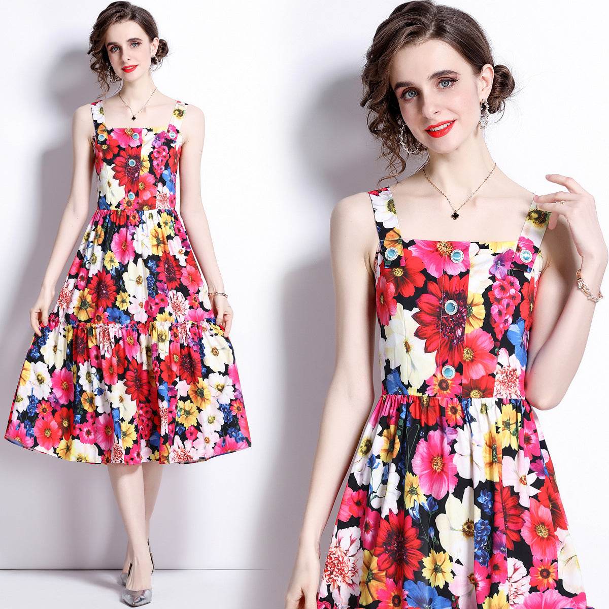 French Slip Dress Summer Print Flounces Vacation - Mubimart