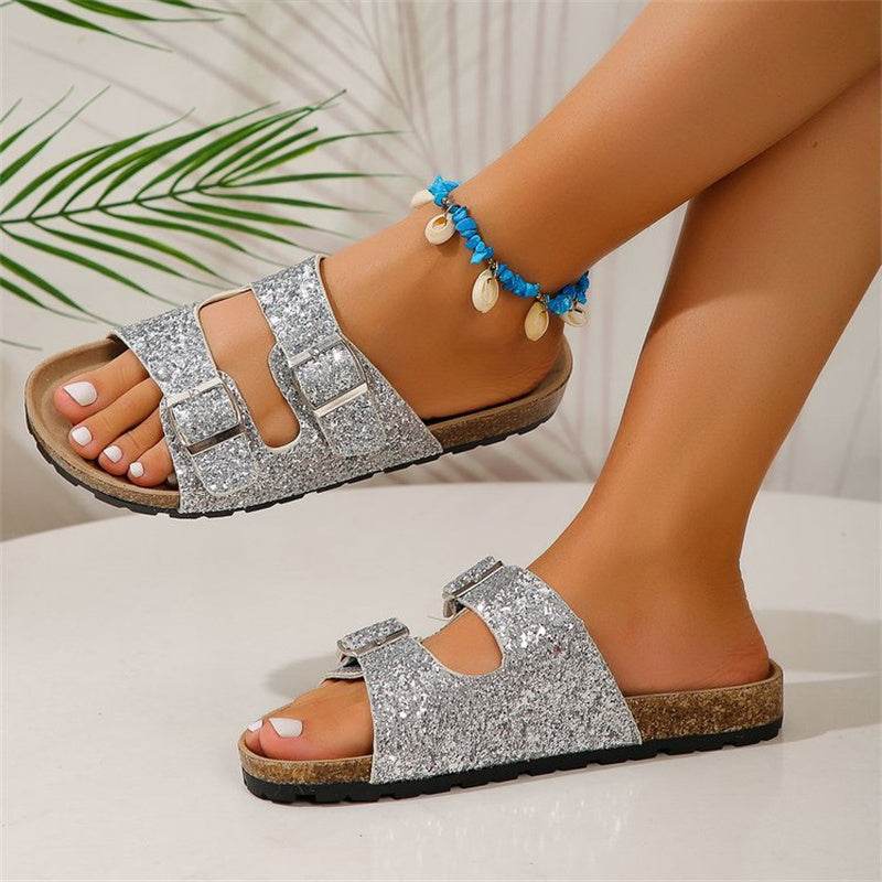 Double Buckle Sandals For Women New Fashion Sequined Beach Shoes Summer Leisure Outdoor Slippers Slides - Mubimart