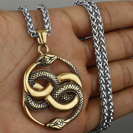Mens Fashion Double Snake Staff Pendant Necklace - Mubimart
