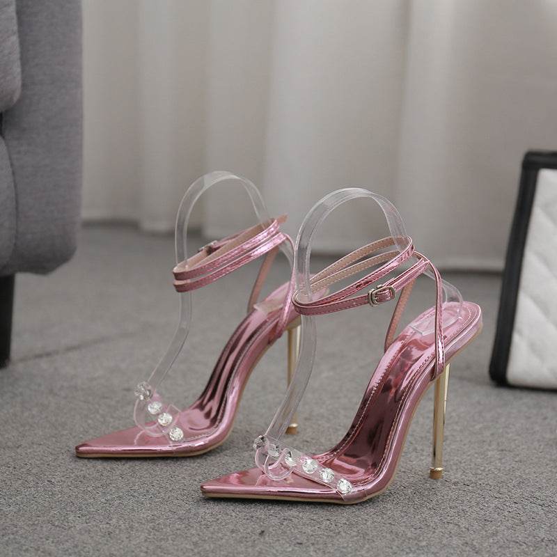 Rhinestone Ankle Spaghetti Straps High Heel Strappy Sandals - Mubimart