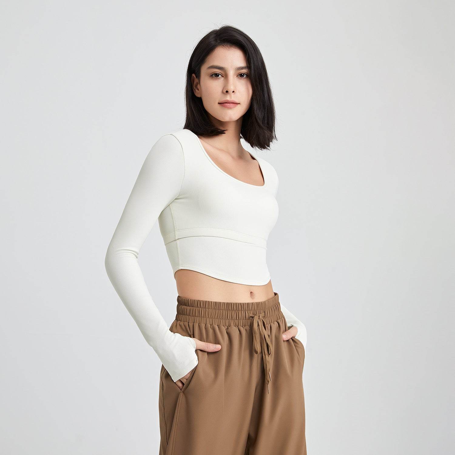 Yoga Suit Long Sleeve With Chest Pad Workout Top - Mubimart