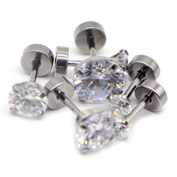 Titanium Steel Unisex Women Men Round Crystal Zircon Ear Studs Earrings - Mubimart
