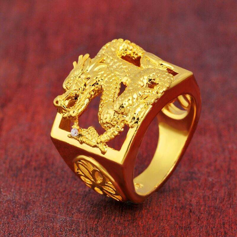 Aventurine Gold Pure Copper Gold Plated Hollow Dragon Ring For Men - Mubimart