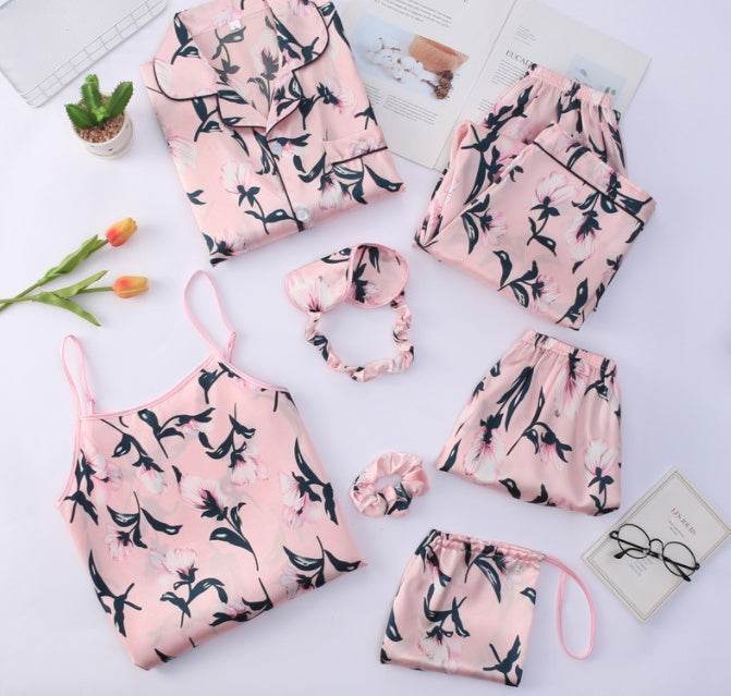Simulated Silk Striped Seven-piece Loungewear - Mubimart