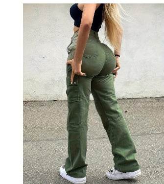 Straight Leg Cargo Pants Women High Waist Casual Baggy Pants - Mubimart