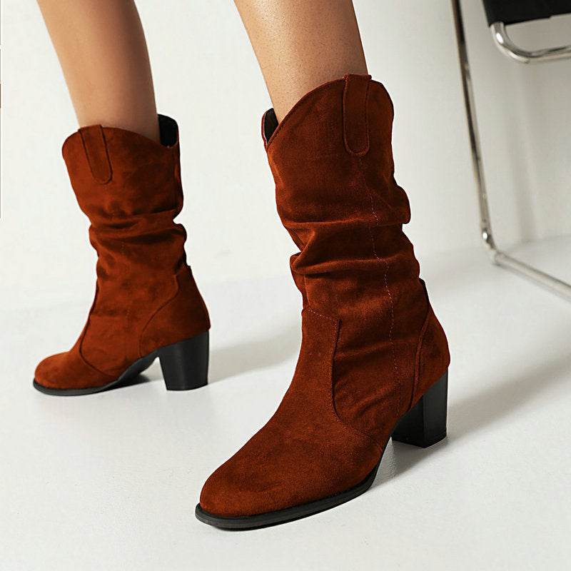 Chunky Heel High Heel Frosted Mid-calf Boots For Women - Mubimart
