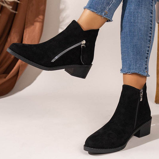Women's Suede Rubber Cloth Fashion Boots Chunky Heel Booties - Mubimart