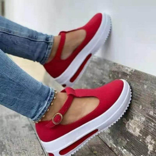 Summer Thick-soled Round Toe Women's Shoes One Word Red Loafers Women - Mubimart