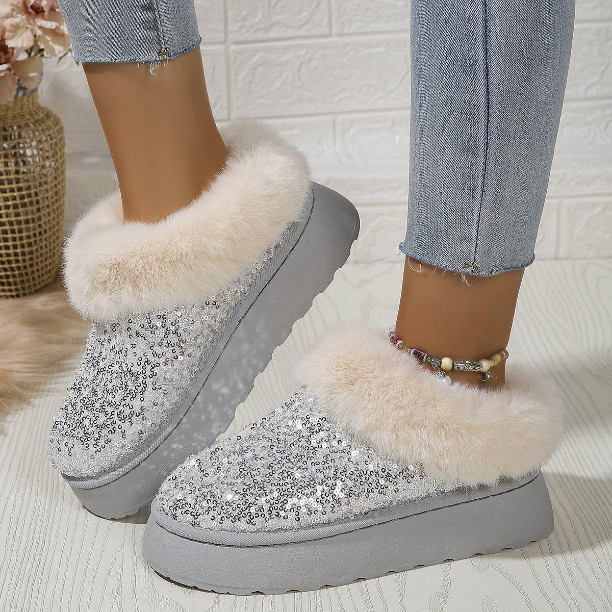 Fashion Sequined Thick-soled Plush Shoes Winter Indoor And Outdoor Casual Warm Slippers Women Garden House Shoes - Mubimart