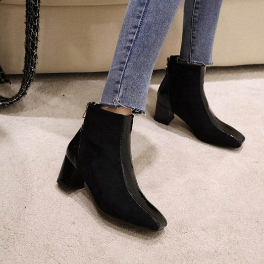Fashion Ladies Square Toe Thick Heel Boots - Mubimart