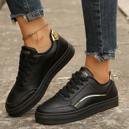 Lace-up White Flats Shoes Fashion Round Toe Slip-on Thick Sole Casual Shoes For Women - Mubimart