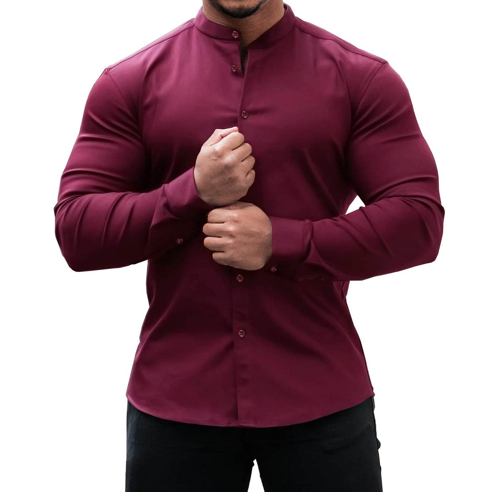 Long Sleeve Shirt Men Casual Button Down Slim Tops Solid Color Casual Mens Clothing - Mubimart