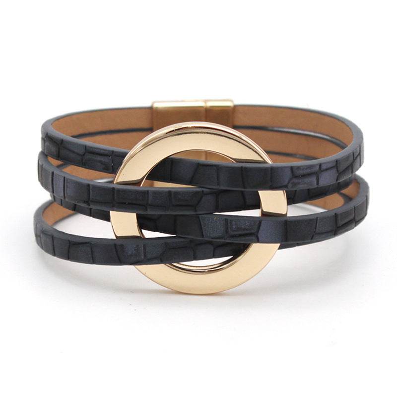 Cross Leather Women Bracelet Metal Big Ring Cuff Bangle Multi-layer Wristband Magnetic Snap Bangle - Mubimart