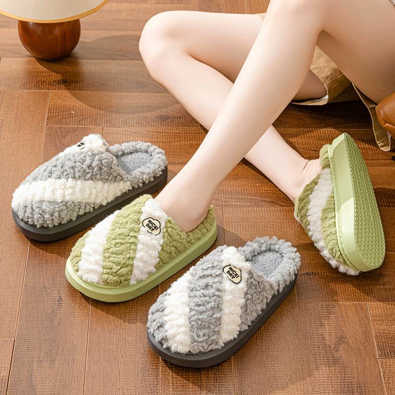 Fashion Color-matching Home Slippers Non-slip Couple House Shoes Winter Warm Floor Bedroom Slipper For Women Men - Mubimart