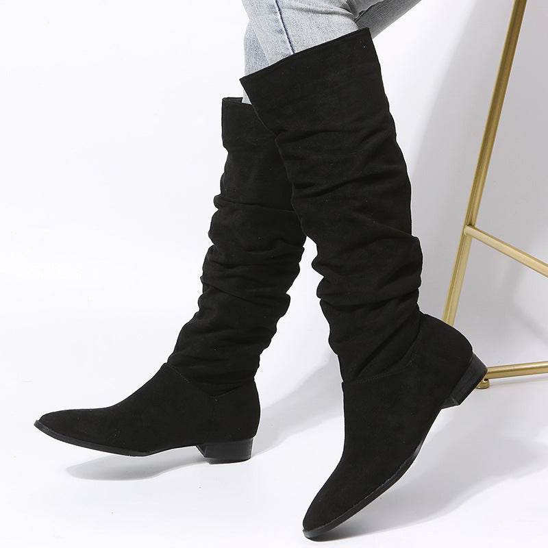 Low Heel Boot Women Faux Suede Pointed Toe Boots Pleated Design Shoes - Mubimart