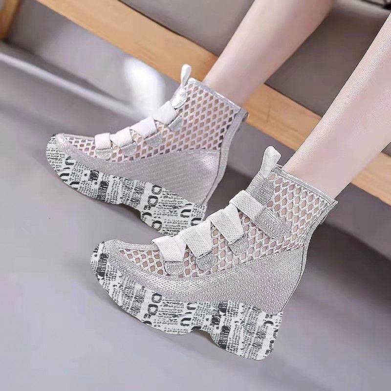 Mesh Hollowed Out Boots Breathable Thick Soled Wedge Heels Inside Heightening Women's Cool Boots - Mubimart