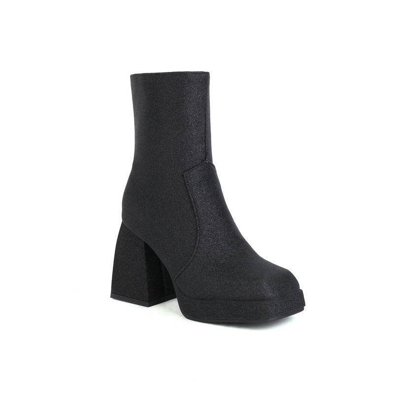 Square Toe Booties Female High Heel Martin Boots Sequin High Heels Ankle Boots - Mubimart