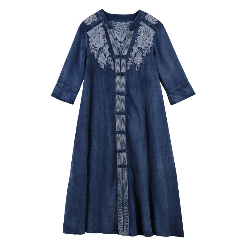 Embroidered Plus Size Women's Mid-sleeve Denim Dress - Mubimart -  