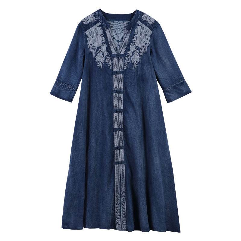 Embroidered Plus Size Women's Mid-sleeve Denim Dress - Mubimart