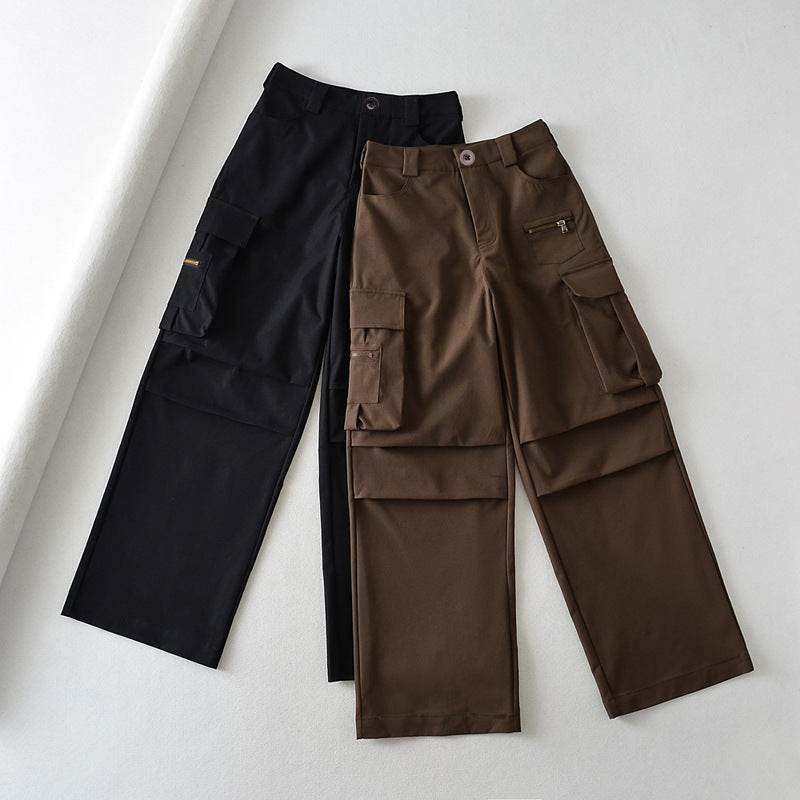 Retro High Waist Multi-pocket Cargo Pants Women - Mubimart