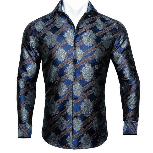Barry.Wang Teal Paisley Floral Silk Shirts Men Autumn Long Sleeve Casual Flower Shirts For Men Designer Fit Dress Shirt BCY-05 - Mubimart