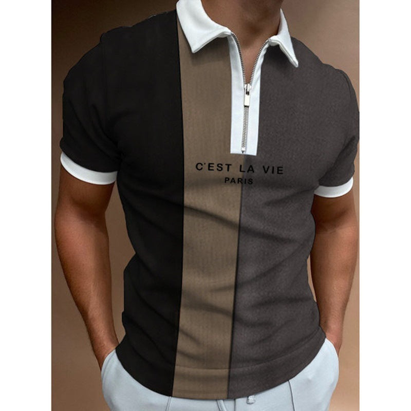 Men's Summer Polo Zipper Color Matching Sports Polo Shirt