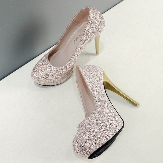 Fashion 12CM Super High Heel Platform Sequin Work Women's Shoes - Mubimart