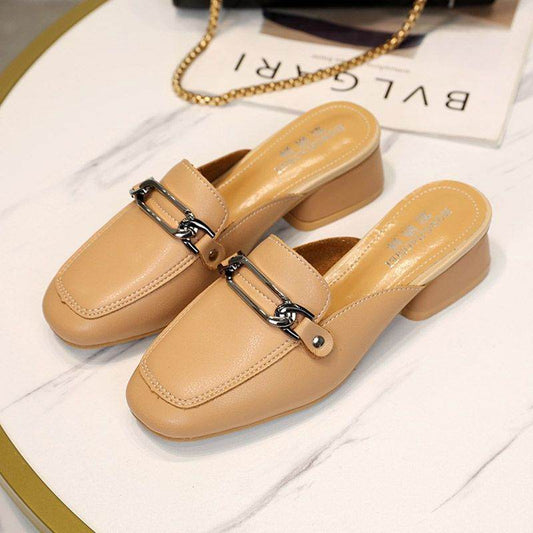 Square Toe Chunky Heel Mules Shoes Comfortable Women's Slippers - Mubimart