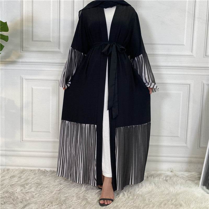 Pleated Hem Robe Women Arabian Long Cardigan - Mubimart