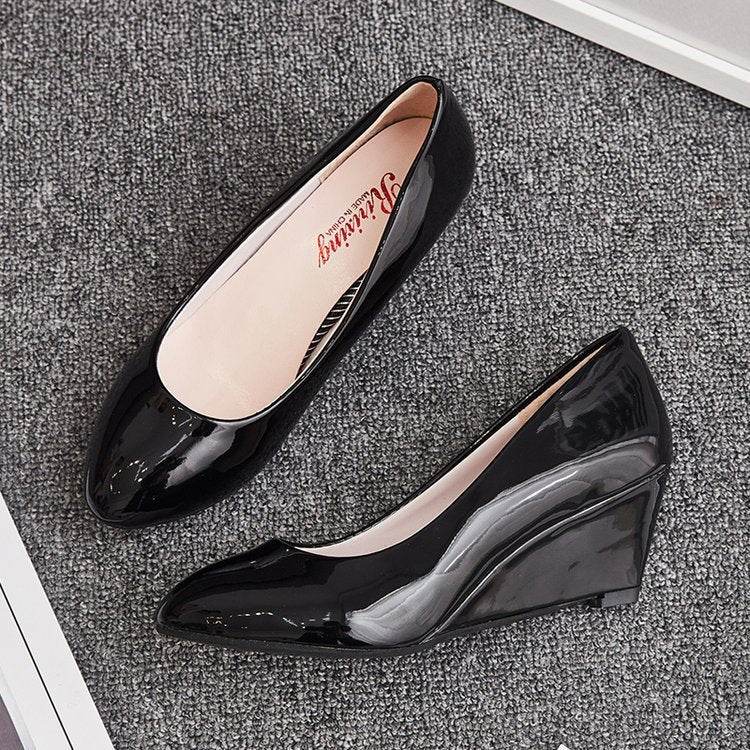 Patent Leather Pointed Toe Work Shoes Women Black Leather Shoes Work Shoes - Mubimart