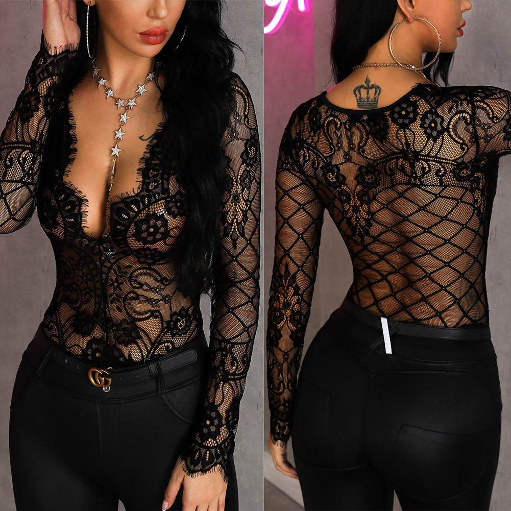 Underwear Women See-through Long-sleeved Eyelash Bodysuit - Mubimart