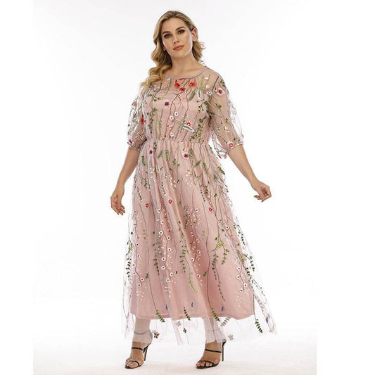 Plus Size Dress Evening Dress Women's Mesh Embroidered Midi Dress - Mubimart